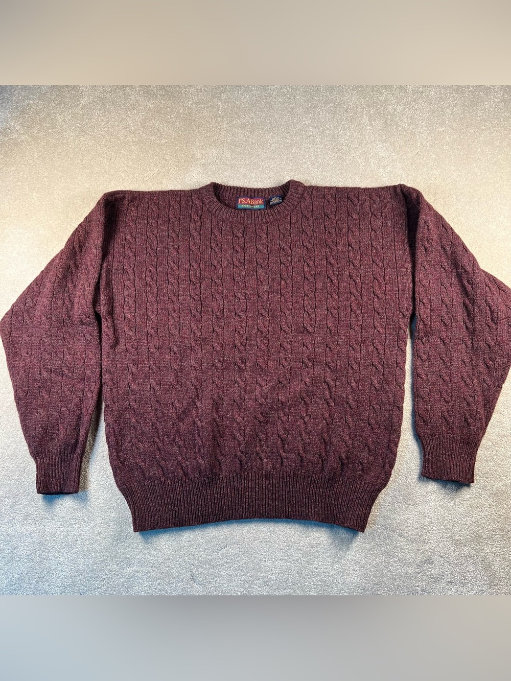 Jos A Bank Sportswear Sweater Cable Knit Vintage 100% Shetland Wool Burgundy Med